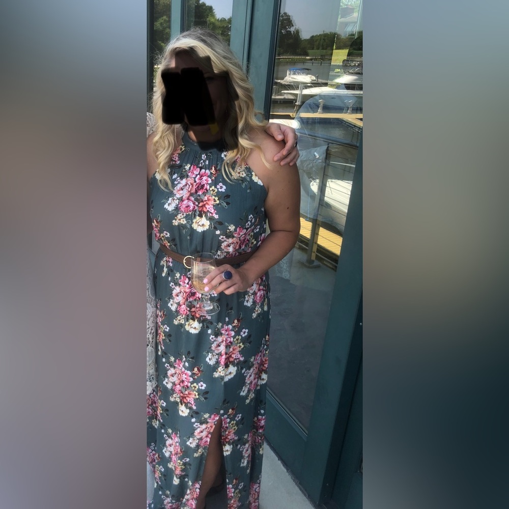 Long floral dress - Dark green with florals. Tie back in the neck.